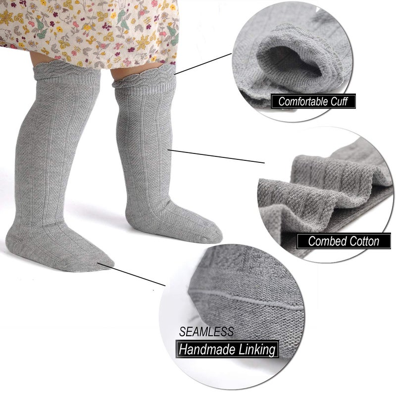 EPEIUS Baby Knee High Socks - Newborn Baby Girl Ruffle Socks,Seamless Baby Stockings,Cotton Rich Over the Knee Sox 0-6 Months,Black White Grey 3 Pack - Image 2